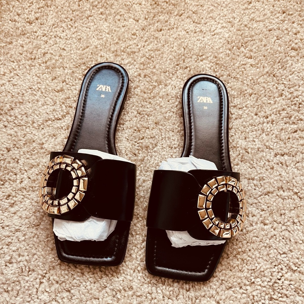 Zara Black and Gold Sandals with Crystal Embellishment
